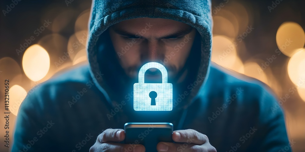 Poster a person in a hoodie is using a smartphone, with a digital lock icon projected above the device, rep