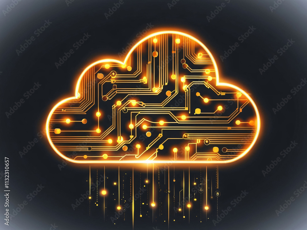 Poster a digital cloud design features intricate circuit patterns and glowing connections, symbolizing mode