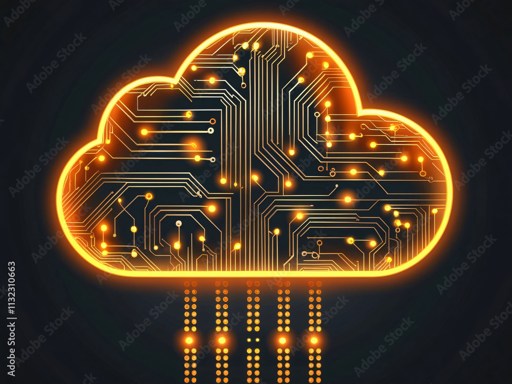 Poster a digital cloud design features intricate circuit patterns and glowing connections, symbolizing mode