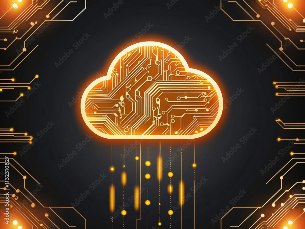 Poster a digital cloud design features intricate circuit patterns and glowing connections, symbolizing mode
