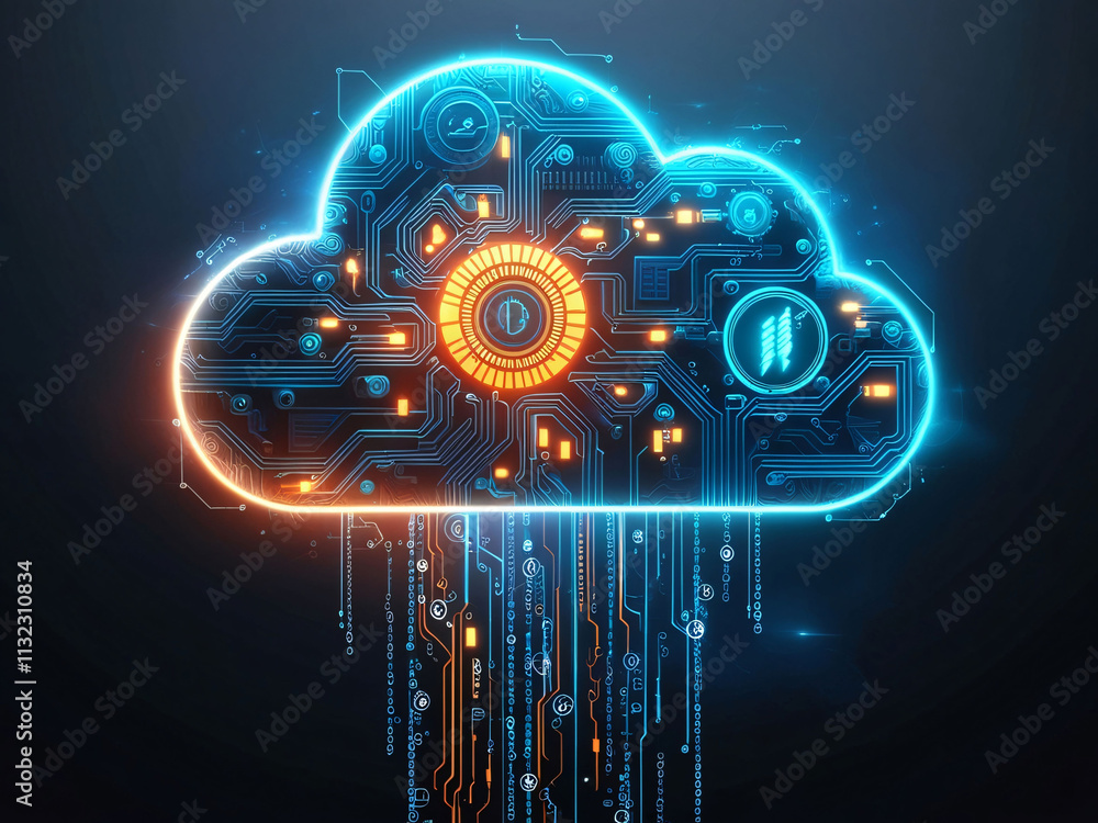 Poster abstract illustration of a digital cloud with circuitry design in blue and orange colors representin