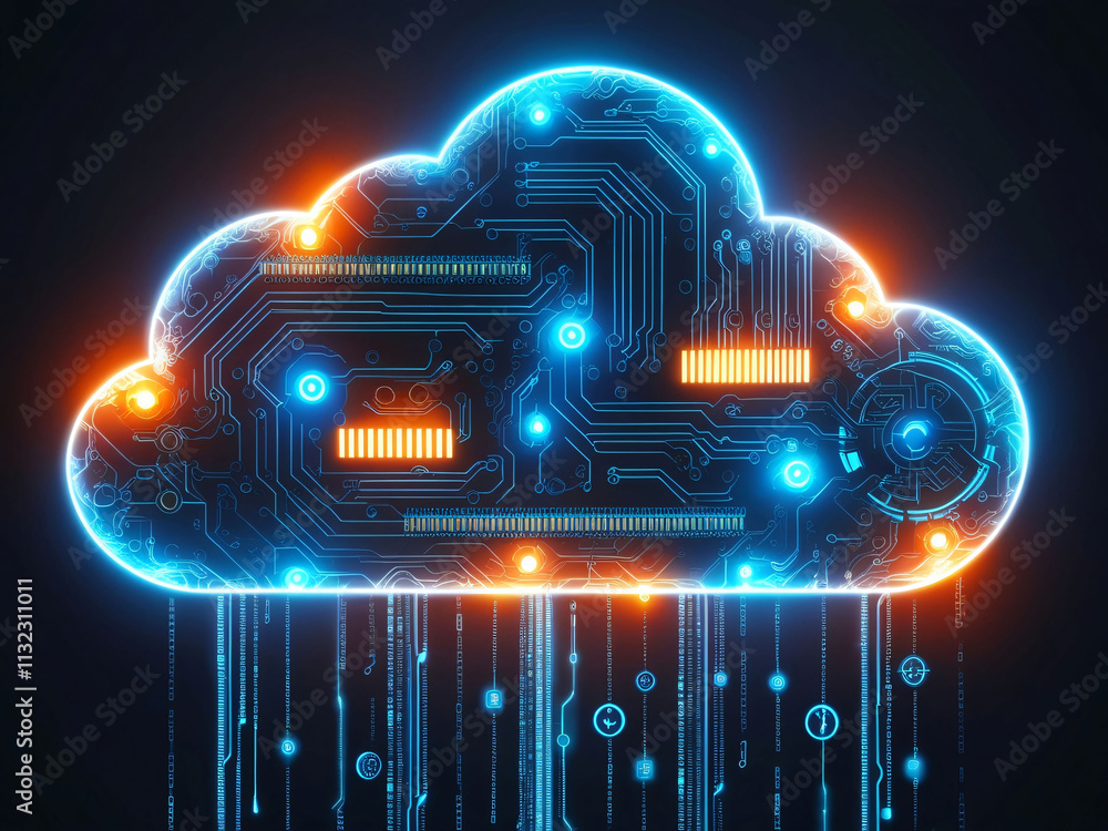 Poster abstract illustration of a digital cloud with circuitry design in blue and orange colors representin