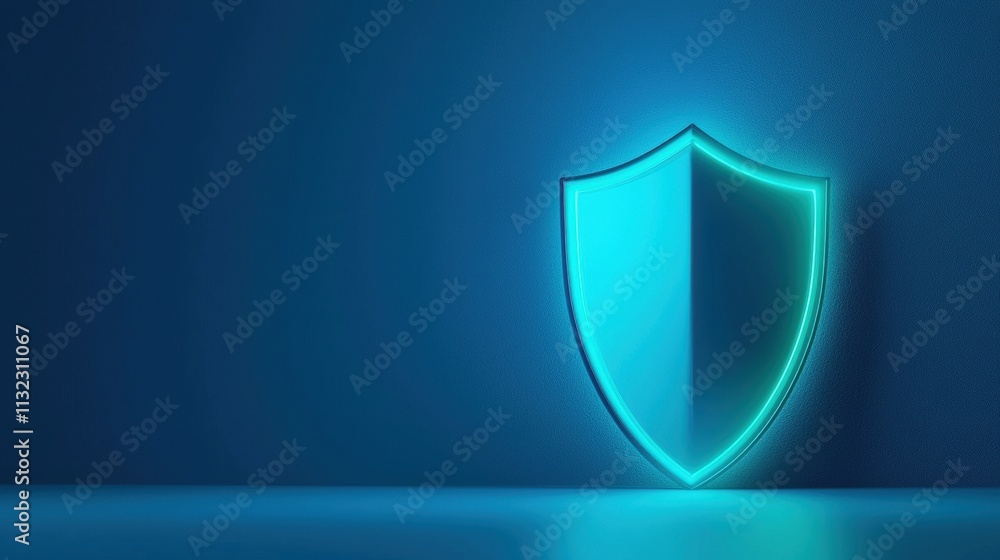 Poster shield icons metallic shield with a glowing blue light, symbolizing digital security and data protec