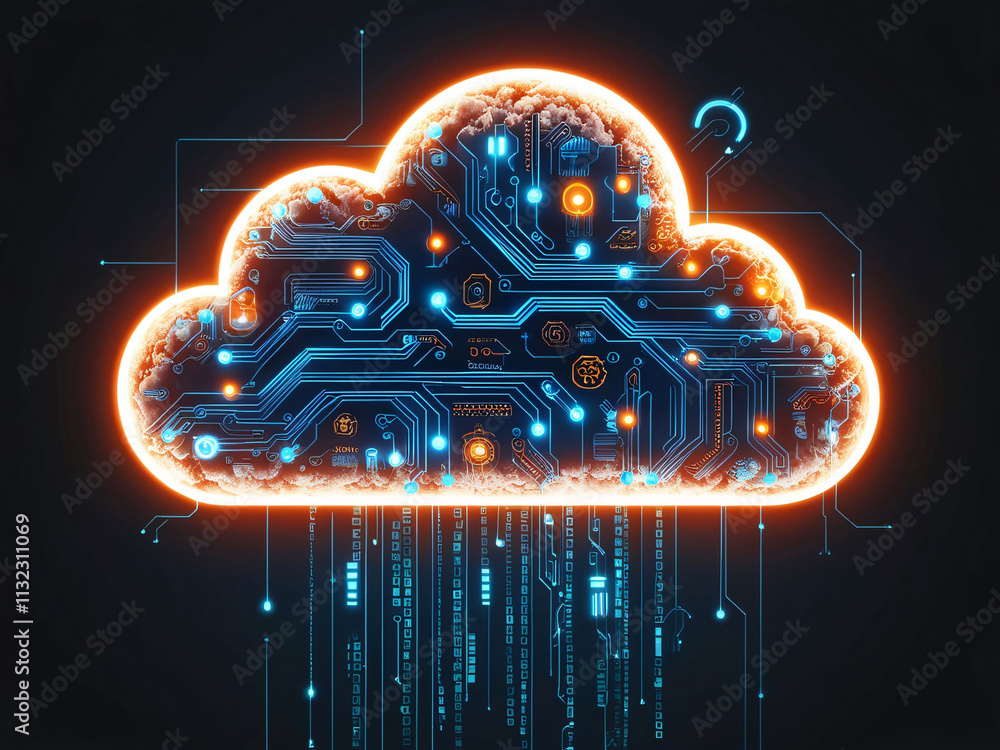 Poster abstract illustration of a digital cloud with circuitry design in blue and orange colors representin