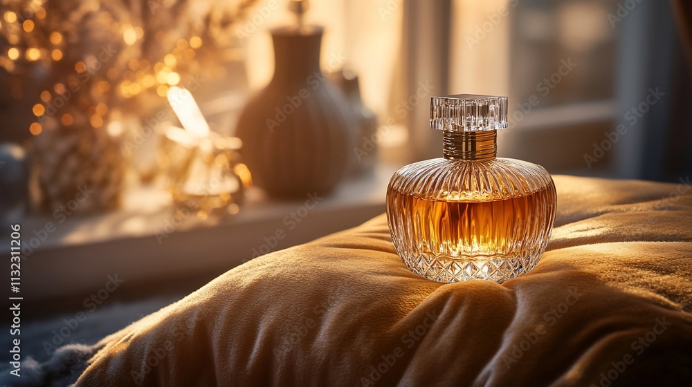 Poster a luxurious perfume bottle on a plush surface, illuminated by warm light.