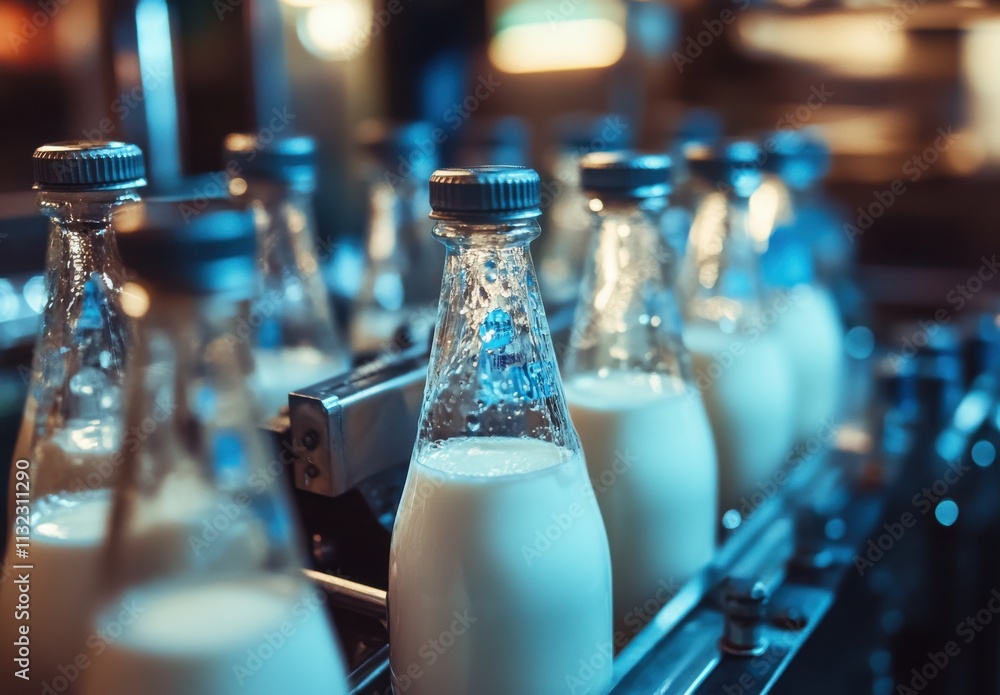 Aufkleber freshly processed milk bottles on a conveyor belt in a dairy factory showcasing modern production te