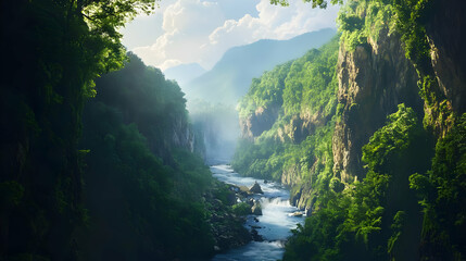 Lush Green Canyon River Landscape Illustration
