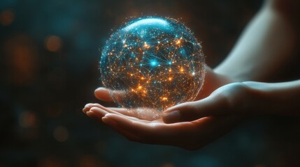 Fototapeta premium Metaverse Technology concepts. Woman hand holding global network connection. Internet communication, Wireless connection technology. Futuristic technology with polygonal shapes.