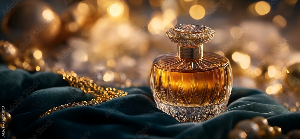Poster a luxurious perfume bottle displayed on a soft fabric with festive decorations.