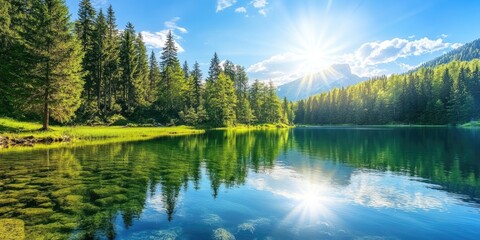 Fototapeta premium Tranquil clear lake water reflects sunlight, showcasing the stunning forest view in the background, creating a serene and picturesque scene of clear lake water and nature s beauty.