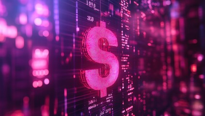 Obraz premium Futuristic Digital Background with Glowing Dollar Sign Representing Wealth, Finance, and Cryptocurrency in a High-Tech Environment