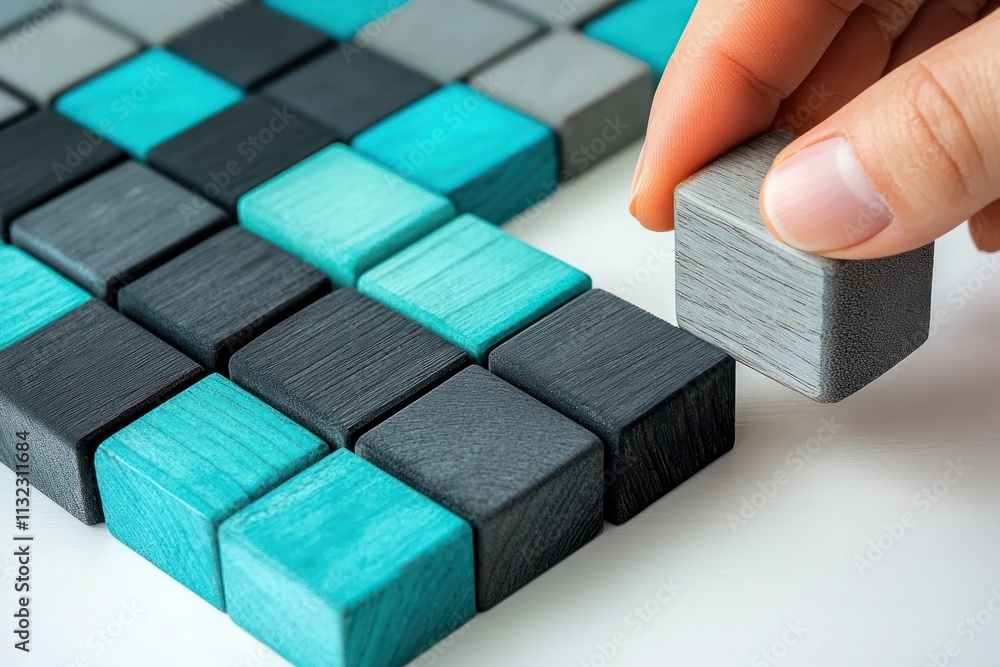 Aufkleber hand placing grey wooden cube on teal and grey block pattern.