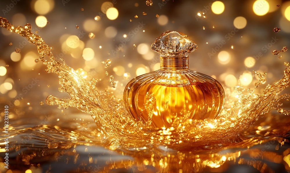 Poster a luxurious perfume bottle splashes in golden water, creating an elegant scene.