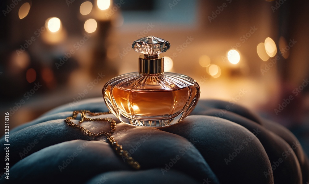 Poster a luxurious perfume bottle on a plush surface, illuminated by soft candlelight.
