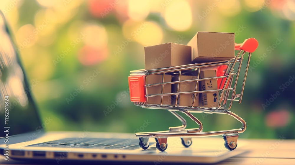 Poster a miniature shopping cart filled with boxes placed on a laptop.