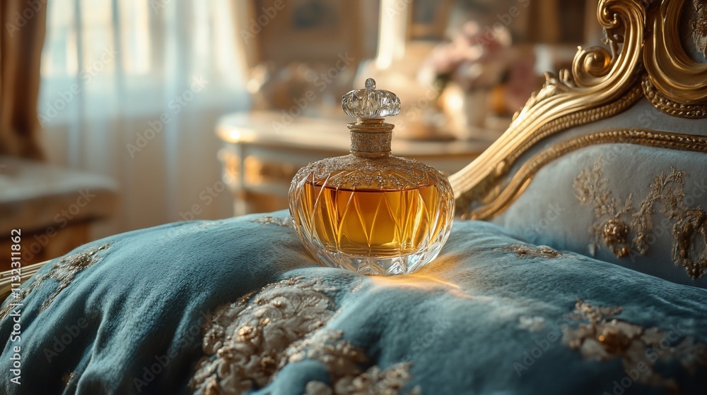Poster a luxurious perfume bottle resting on an ornate cushion in an elegant setting.