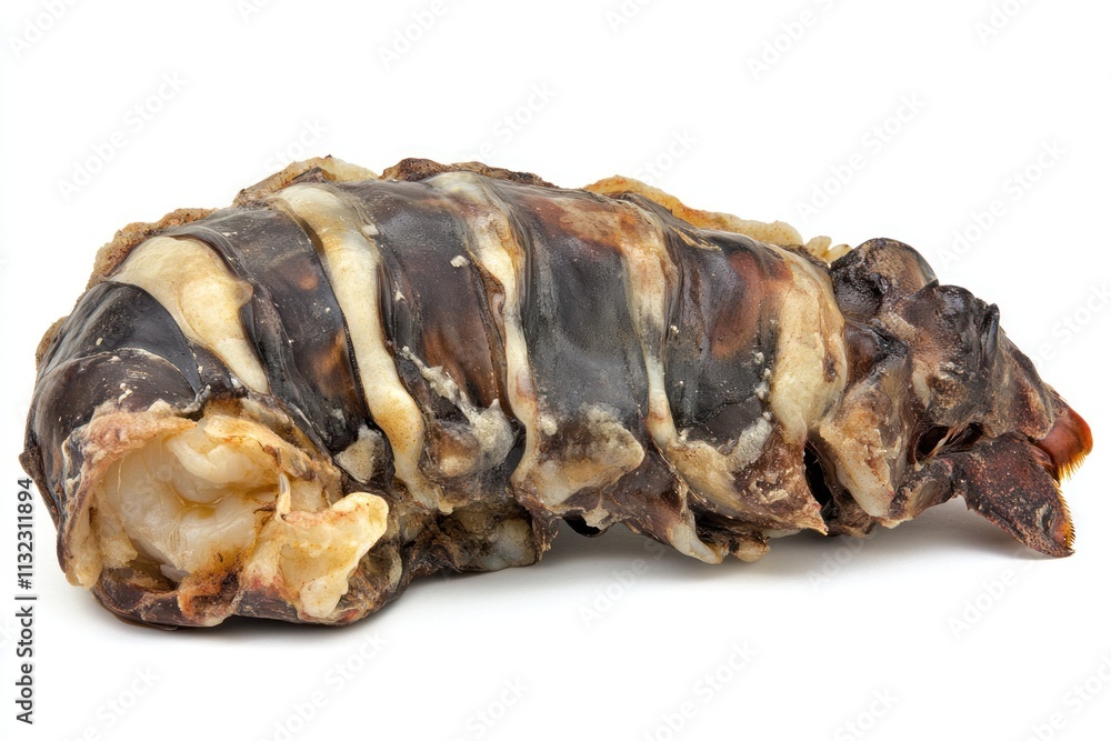 Poster close-up of a single, dried, dark-colored, segmented animal chew.