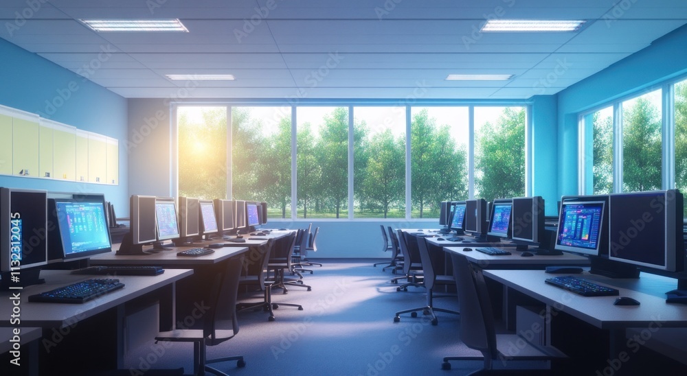 Aufkleber Sunlit computer lab with rows of desktops and large windows overlooking trees.