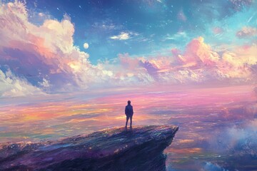 Fototapeta premium Solitary figure on cliff, pastel sky, distant landscape.