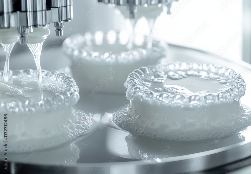 Poster innovative dairy processing technology with automated machines pouring milk into round containers fo