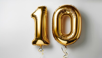 Number 10 golden balloons on white background with copy space. Generated image