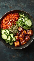 A vibrant bowl featuring tofu, vegetables, and seeds, showcasing a healthy meal.