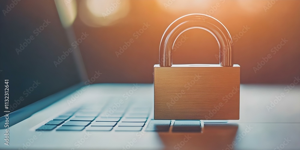 Poster a padlock resting on a laptop keyboard, symbolizing digital security and protection of data. concept