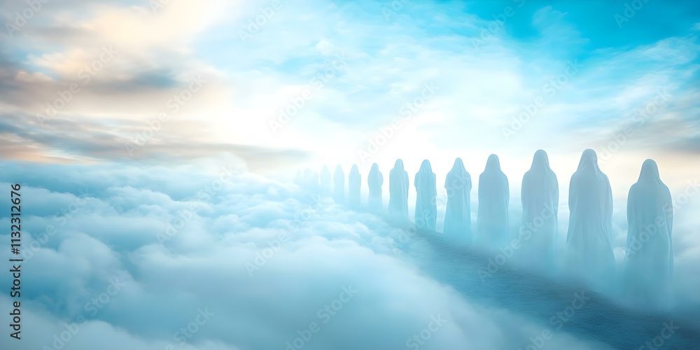 Poster a surreal scene with ghostly figures or silhouettes walking along a misty path in a cloudy, ethereal