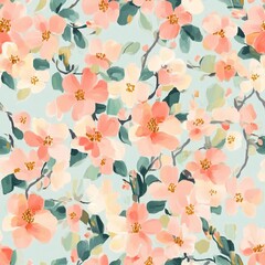 Abstract floral seamless pattern. Bright colors, painting on a light background. Cherry blossoms.