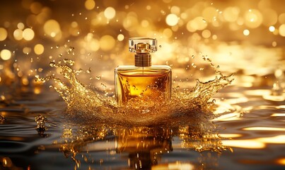 A perfume bottle splashes in golden water, creating an elegant scene.