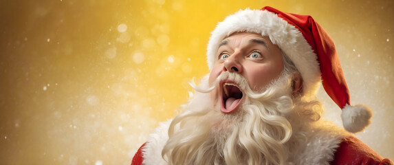 Surprised Santa Claus Close-Up, Festive Joy with Yellow Background