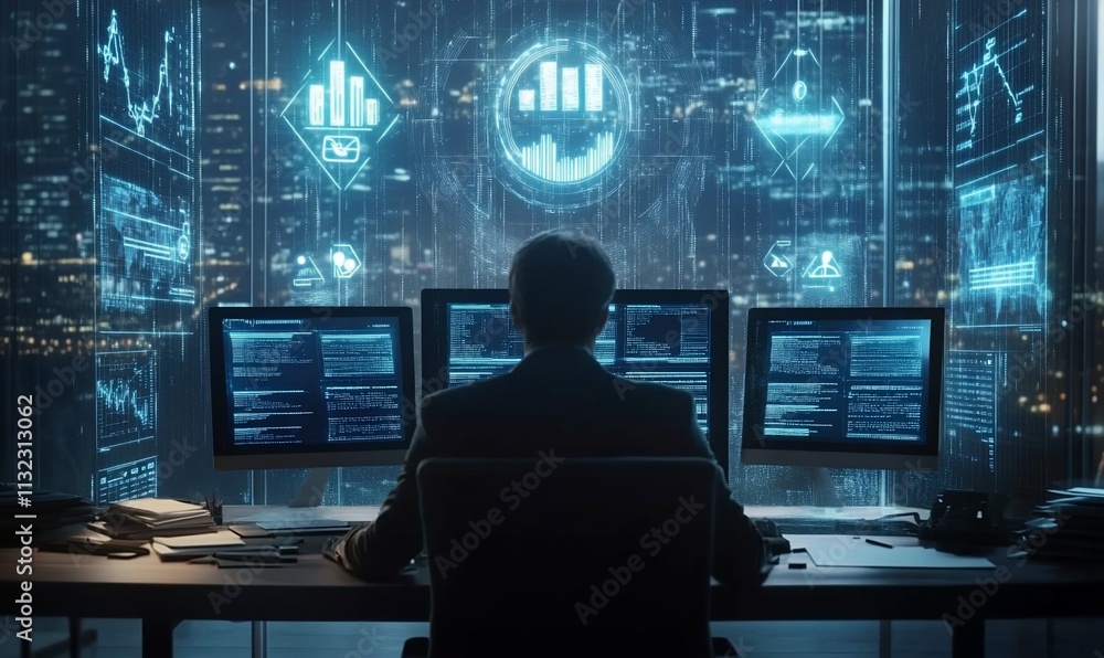 Leinwandbilder a person analyzing data on multiple screens in a futuristic office setting.