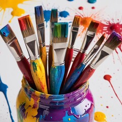 Obraz premium A close-up of vibrant paintbrushes in a jar, with paint splatters on the brushes and surrounding surface, capturing creativity and artistic energy