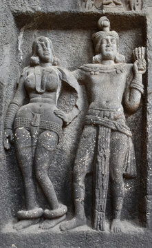 Ancient carved structure of Mithuna couple at the wall of cave chaitya, Karla caves (Lonavala, Maharashtra)