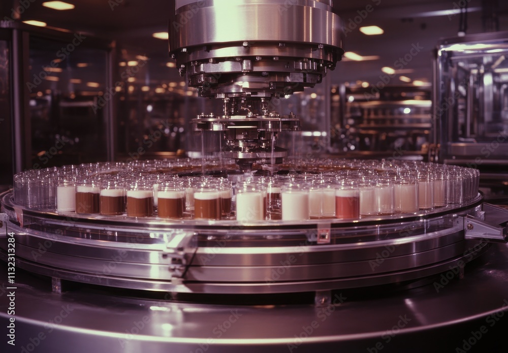 Poster Modern Automated Beverage Production Process with Glass Containers on a Rotating Platform in a High-Tech Factory Environment