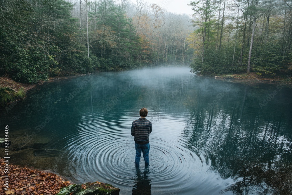 Poster man standing in calm misty lake surrounded by autumn forest.