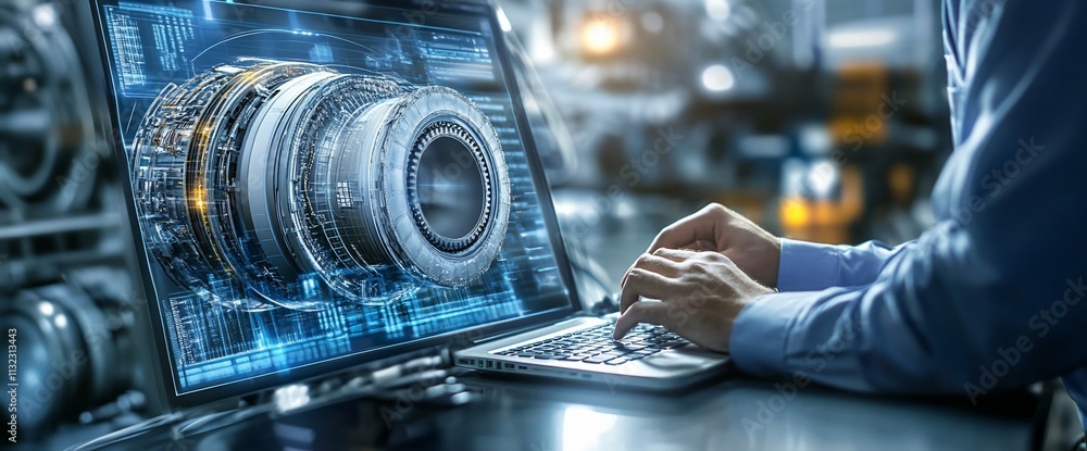 Poster A person working on a laptop displaying a turbine engine design.