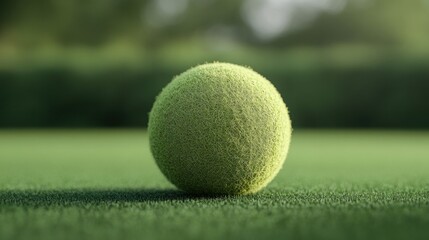 A close-up of a fuzzy green ball resting on a grass surface, likely a tennis ball.