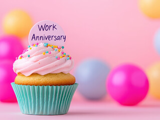 Delightful cupcake with pink frosting and work anniversary topper
