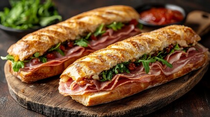Two Gourmet Italian Ham Baguette Sandwiches