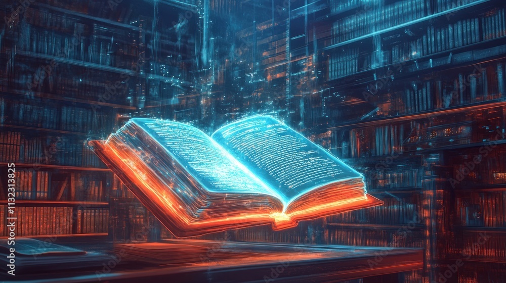 Poster glowing book in a library of knowledge