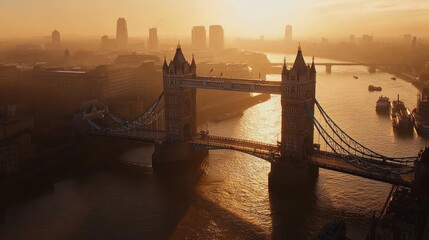 Tower Bridge London sunrise cityscape aerial view.