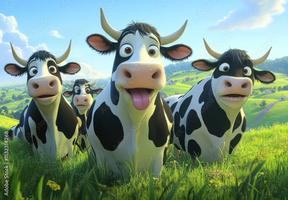 Poster playful animated cows in a bright green meadow under a gentle sky, expressing different emotions and