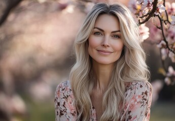 Naklejka premium Portrait of a Beautiful Woman with Long Hair and Floral Dress Standing Among Blossom Trees in Soft Natural Light, Embracing Springtime Serenity and Elegance