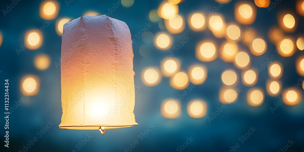 Poster a glowing lantern floating in the air with a soft, blurred background of shimmering lights. concept 