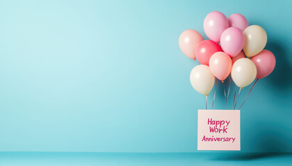 Happy work anniversary celebration with colorful balloons and card