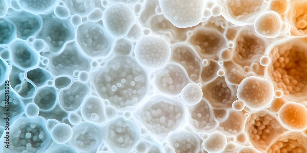 Poster a microscopic view of various cells or bubbles, showcasing different textures and gradients in color