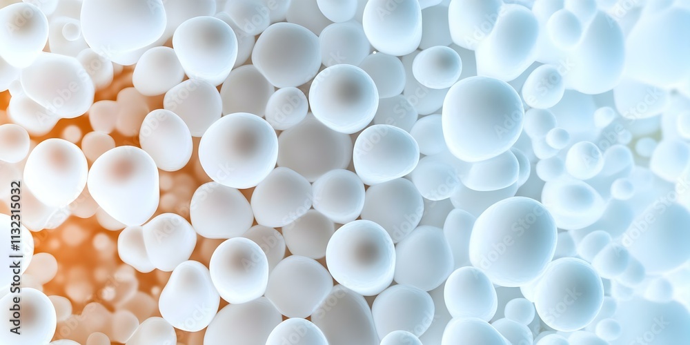 Poster abstract representation of spherical shapes, resembling cells or bubbles, set against a gradient bac