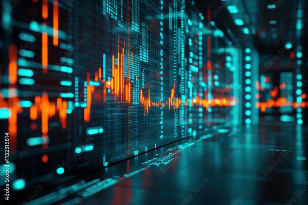 Poster Abstract data visualization with glowing orange and teal lines on a dark background.