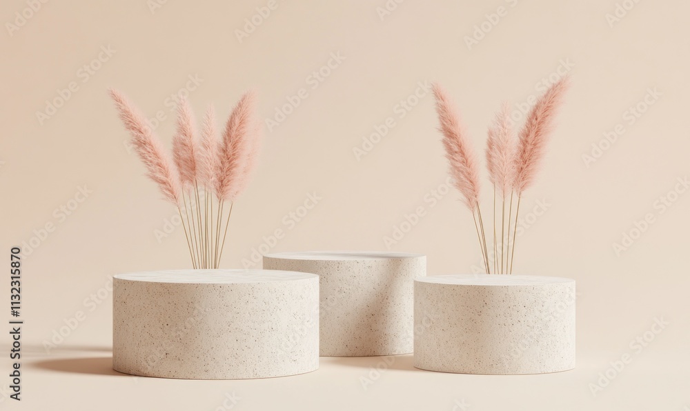 Poster minimalist beige scene with three round podiums and pampas grass.